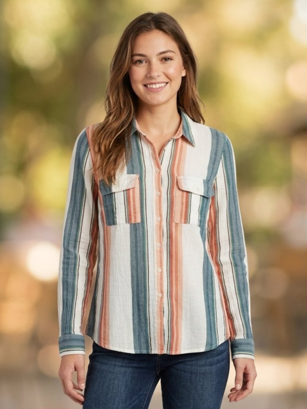OLIVE & OAK Button-Down LS Roll Tap Crinkle White/Multicolor Striped Women's S